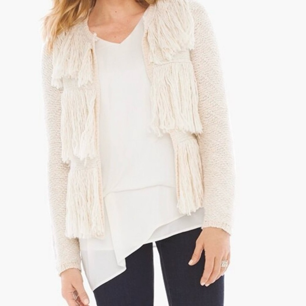 Chico’s Cream Fringe Detail Kyleigh Cardigan Sweater Size 2